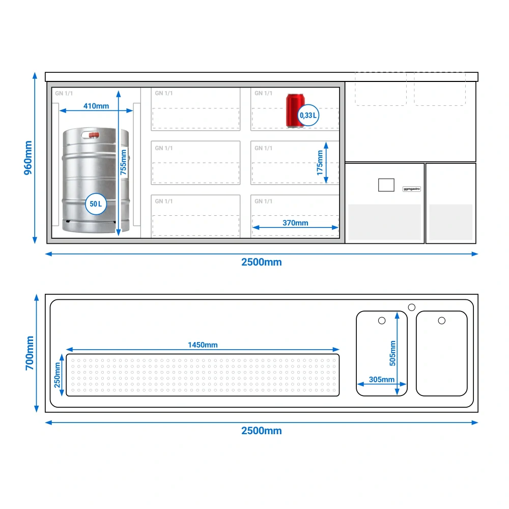 Výčepní pult PREMIUM - 2500x700 mm - 1 dveře & 6 zásuvek
