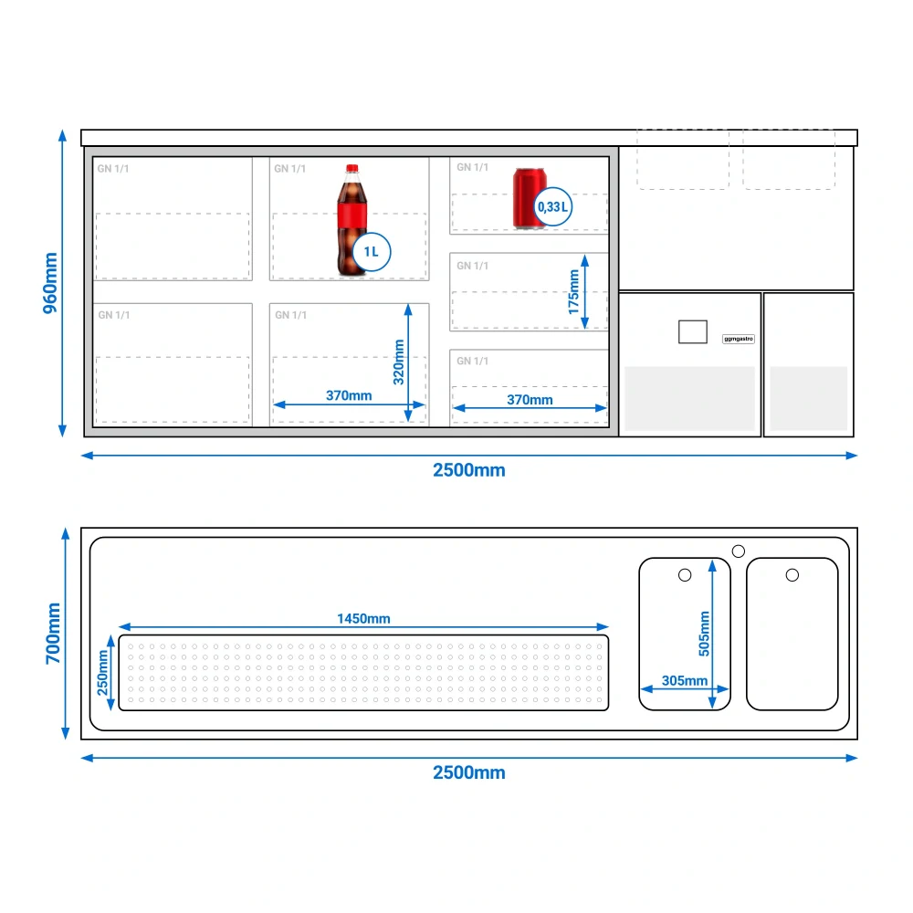 Výčepní pult PREMIUM - 2500x700 mm - 7 zásuvek