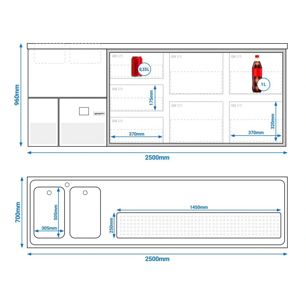 Výčepní pult PREMIUM - 2500x700 mm - 7 zásuvek