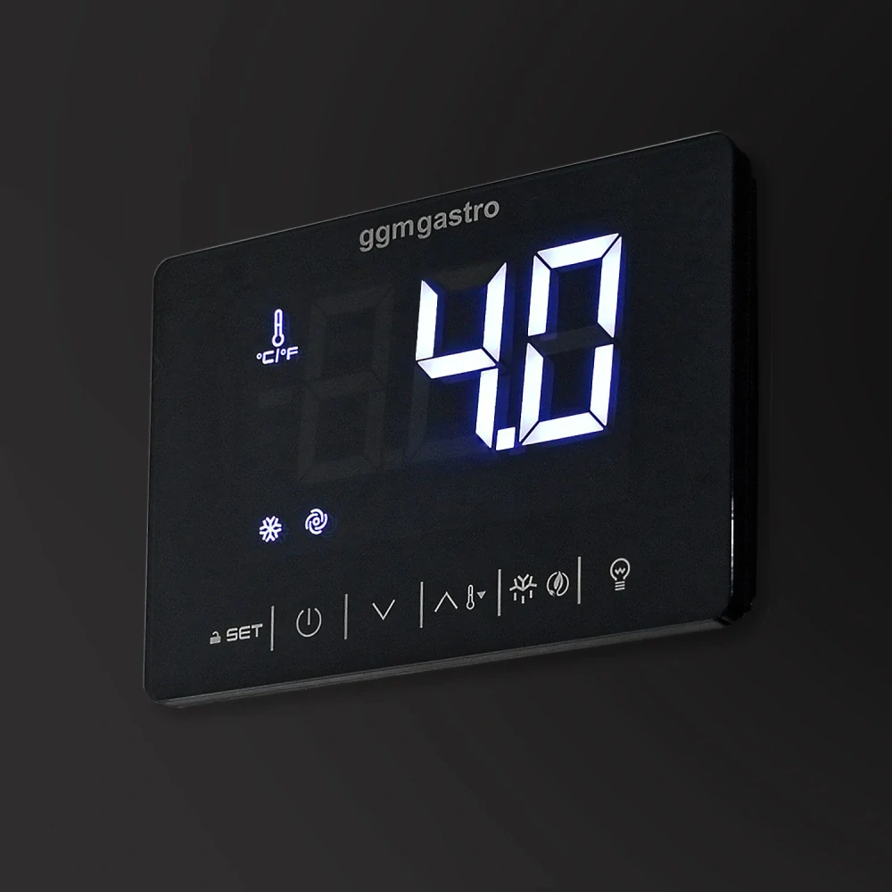 Nerezová chladicí skříň PREMIUM - GN 2/1 - 686 mm - 500 l - až +10 °C - s 1 dveře - Digitální termostat; LED osvětlení; Ventilované chlazení;…