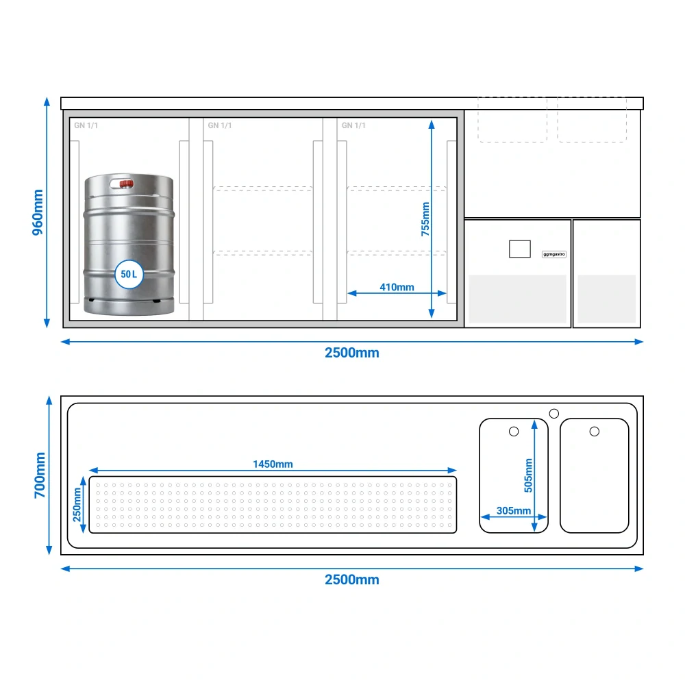 Výčepní pult PREMIUM - 2500x700 mm - 3 dveře