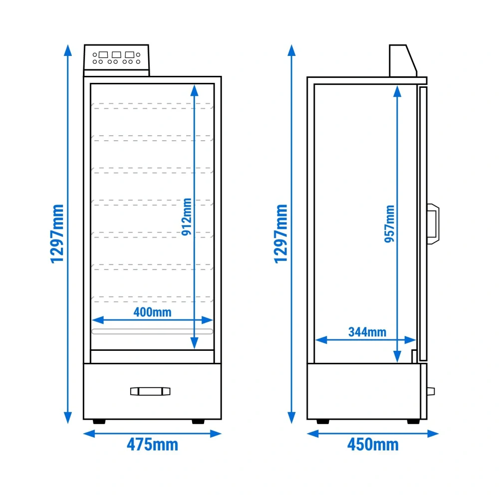 Udírna - digitální - 475x450x1300 mm - se 7 policemi a se skleněnými dveřmi - černá