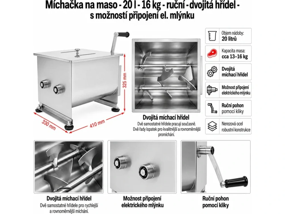 Elektrická Míchačka na maso - 20 l - dvojitá hřídel - s elektrickým motorem