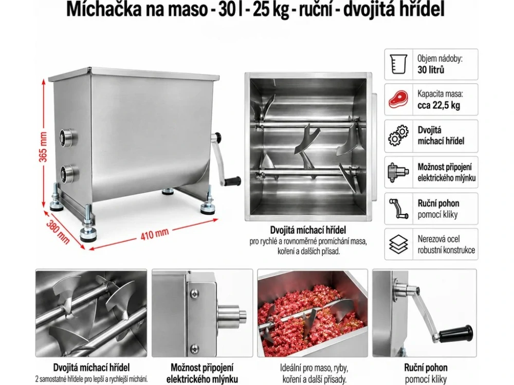 Elektrická míchačka na maso - 30 l - dvojitá hřídel - s elektrickým motorem