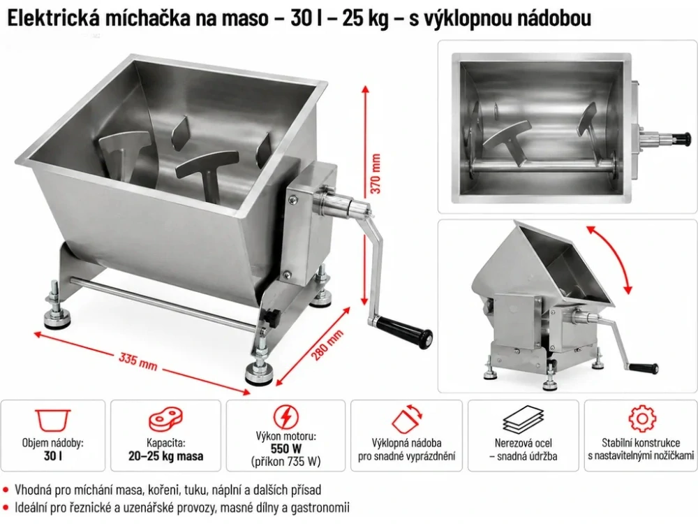 Elektrická míchačka na maso - 30 l  - s výklopnou nádobou a elektrickým motorem