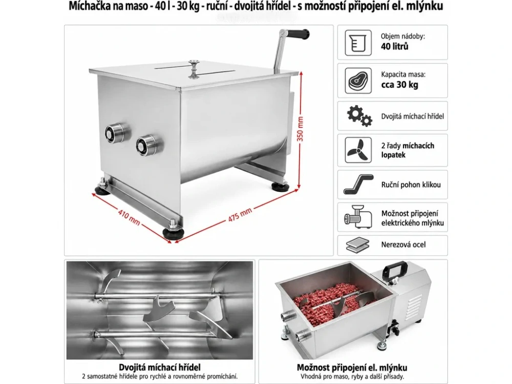 Elektrická míchačka na maso - 40 l - dvojitá hřídel - s elektrickým motorem