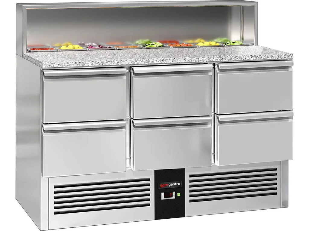 Saladeta PREMIUM - 1368 mm - 402 l - 6 zásuvky - s nerezovým krytem pro 8x GN 1/6 - žulová pracovní deska