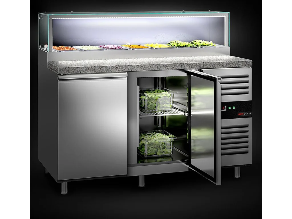 Saladeta PREMIUM - 1510 mm - 2 dveře - se skleněným nástavcem pro 7x GN 1/3 & 1 police - žulová pracovní deska