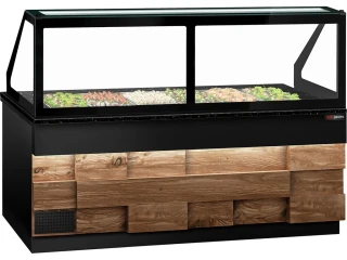 Saladeta Toronto - 2550 mm - 4 dveře - se skleněným nástavcem pro 6x GN 1/1 & 1 police - černá žulová pracovní deska - dřevěná čelní deska