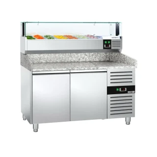 Chladicí stůl na pizzu PREMIUM - 1500x800 mm - se 2 dveřmi - vč. chladicí nástavbové vitríny s LED osvětlením - 7x GN 1/4
