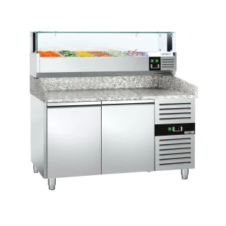 Chladicí stůl na pizzu PREMIUM - 1500x800 mm - se 2 dveřmi - vč. chladicí nástavbové vitríny - 5x GN 1/3 + 1x GN 1/2