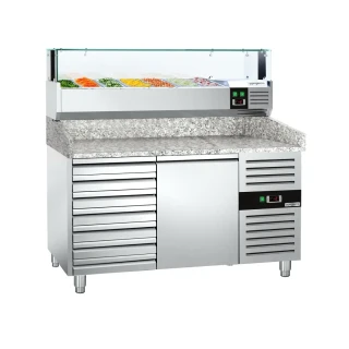 Chladicí stůl na pizzu PREMIUM - 1500x800 mm - se 1 dveřmi a 7 zásuvkami - vč. chladicí nástavbové vitríny - 7x GN 1/4