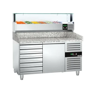 Chladicí stůl na pizzu PREMIUM - 1500x800 mm - se 1 dveřmi a 7 zásuvkami - vč. chladicí nástavbové vitríny - 5x GN 1/3 + 1x GN 1/2