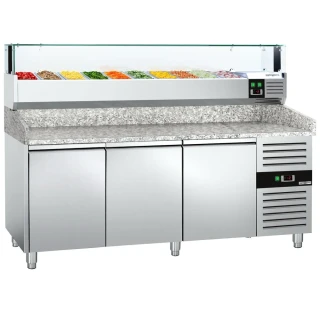 Chladicí stůl na pizzu PREMIUM - 2000x800 mm - se 3 dveřmi - vč. chladicí nástavbové vitríny s LED osvětlením - 10x GN 1/4