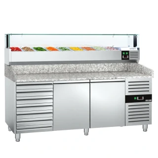 Chladicí stůl na pizzu PREMIUM - 2000x800 mm - se 2 dveřmi a 7 zásuvkami - vč. chladicí nástavbové vitríny s LED osvětlením - 9x GN 1/3