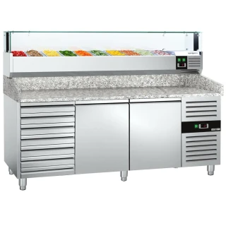 Chladicí stůl na pizzu PREMIUM - 2000x800 mm - se 2 dveřmi a 7 zásuvkami - vč. chladicí nástavbové vitríny s LED osvětlením - 10x GN 1/4
