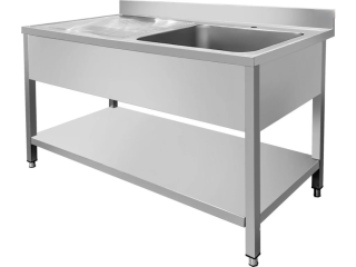 Nerezový dřez vpravo s odkapávací plochou a policí 120x60x87cm