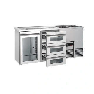 Výčepní pult PREMIUM - 1950x700 mm - 1 skleněné dveře & 3 skleněné zásuvky