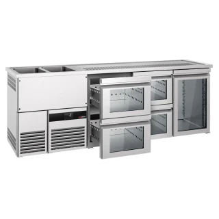 Výčepní pult PREMIUM - 2500x700 mm - 1 skleněné dveře & 4 skleněné zásuvky