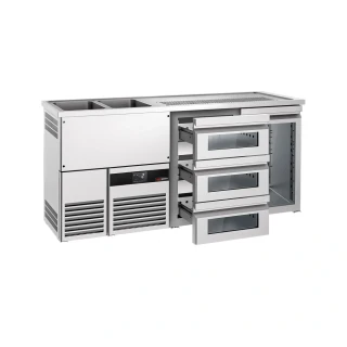 Výčepní pult PREMIUM - 1950x700 mm - 1 skleněné dveře & 3 skleněné zásuvky