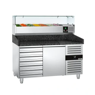 Chladicí stůl na pizzu PREMIUM - 1500x800 mm - se 1 dveřmi a 7 zásuvkami - vč. chladicí nástavbové vitríny - 6x GN 1/3