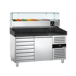 Chladicí stůl na pizzu PREMIUM - 1500x800 mm - se 1 dveřmi a 7 zásuvkami - vč. chladicí nástavbové vitríny - 7x GN 1/4