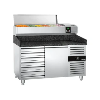 Chladicí stůl na pizzu PREMIUM - 1500x800 mm - se 1 dveřmi a 7 zásuvkami - vč. chladicí nástavbové vitríny - 7x GN 1/4