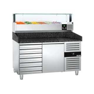 Chladicí stůl na pizzu PREMIUM - 1500x800 mm - se 1 dveřmi a 7 zásuvkami - vč. chladicí nástavbové vitríny - 6x GN 1/3