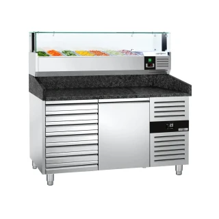 Chladicí stůl na pizzu PREMIUM - 1500x800 mm - se 1 dveřmi a 7 zásuvkami - vč. chladicí nástavbové vitríny - 7x GN 1/4