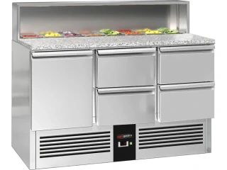 Saladeta PREMIUM - 1368 mm - 1 dveře & 4 zásuvky - s nerezovým krytem pro 8x GN 1/6 - žulová pracovní deska