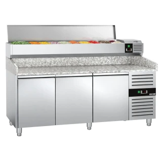 Chladicí stůl na pizzu PREMIUM - 2000x800 mm - se 3 dveřmi - vč. chladicí nástavbové vitríny s LED osvětlením - 9x GN 1/3