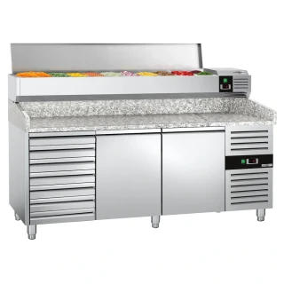 Chladicí stůl na pizzu PREMIUM - 2000x800 mm - se 2 dveřmi a 7 zásuvkami - vč. chladicí nástavbové vitríny s LED osvětlením - 10x GN 1/4