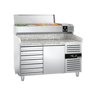 Chladicí stůl na pizzu PREMIUM - 1500x800 mm - se 1 dveřmi a 7 zásuvkami - vč. chladicí nástavbové vitríny - 6x GN 1/3