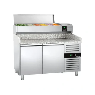 Chladicí stůl na pizzu PREMIUM - 1500x800 mm - se 2 dveřmi - Vč. chladicí vitríny - 6x GN 1/3