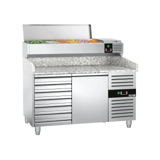 Chladicí stůl na pizzu PREMIUM - 1500x800 mm - Se 1 dveřmi a 7 zásuvkami - Vč. chladicí vitríny - 7x GN 1/4