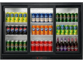 Barová lednice - 1350 x 540 x 900 mm, se 3 skleněnými dveřmi a 2 policemi - černá