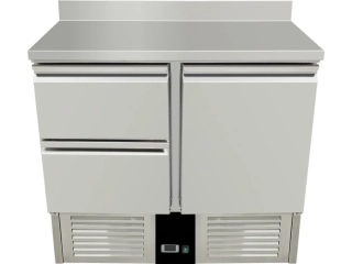 Chladící stůl 0,9 x 0,7 m - se zadním lemem 1 dveřmi a 2 šuplíky v levo