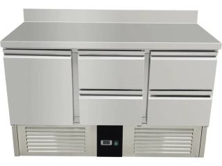 Chladící stůl / přípravný stůl 1,37 mx 0,7 m - s 1 dveřmi a 4 šuplíky v pravo a zadním lemem