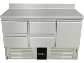 Chladící stůl / přípravný stůl 1,37 mx 0,7 m - s 1 dveřmi a 4 šuplíky vlevo a zadním lemem