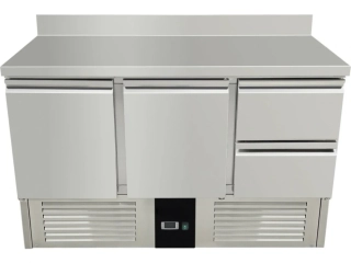 Chladící stůl / přípravný stůl 1,37 mx 0,7 m - se 2 dveřmi a 2 šuplíky v pravo a zadním lemem