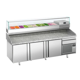 Chladicí stůl na pizzu PREMIUM PLUS - 2305x800 mm - se 3 dveřmi a 1 zásuvkou - vč. chladicí nástavbové vitríny - 11x GN 1/4