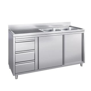 Nerezová gastro dřezová skříňka 1400×600 mm – 2 dřezy vpravo, 3 zásuvky, posuvné dveře