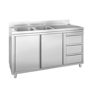Nerezová gastro dřezová skříňka 1400×600 mm – 2 dřezy vlevo, 3 zásuvky, posuvné dveře