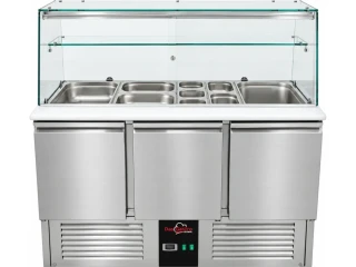 Chladící saladeta - 1 370 x 700 mm - se 3 dvířky a skleněnou nástavbou se světlem