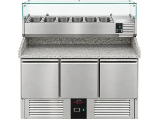 Chladící stůl na pizzu - 1 400x700 mm - se 3 dvířky - vč. chladicí nástavbové vitríny