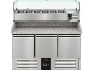 Chladící stůl na pizzu - 1 400x700 mm - se 3 dvířky - vč. chladicí nástavbové vitríny