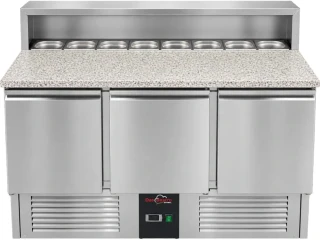 Saladeta s granitovou deskou - se 3 dvířky a nerezovým krytem - 8x GN 1/6