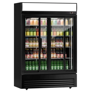 Lednice na nápoje - 1295 mm - 880 l - s 2 skleněné posuvné dveře & osvětleným reklamním displejem - černá