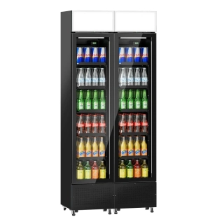 (2 kusy) Komerční chladnička na nápoje PREMIUM – bezrámová – 290 l – 2 skleněné dveře a reklamní displej
