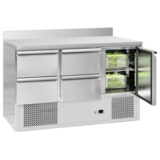 Chladicí stůl ECO - 1370x700 mm - s 1 dveřmi - 4 zásuvkami - se zadní lištou